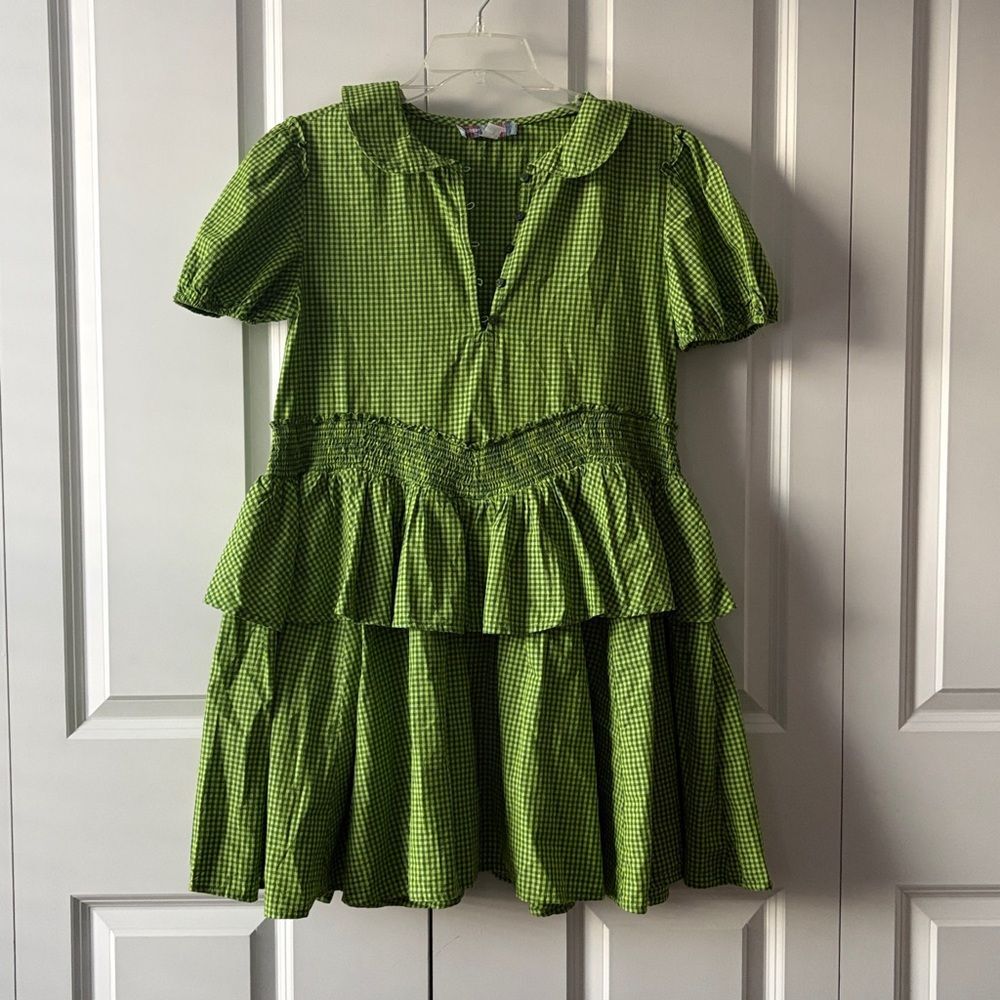 Urban Outfitters Claire Ruffled Babydoll Mini Dress Green Gingham Size XS - Picture 2 of 4